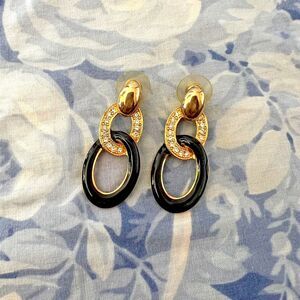 vtg 80s Gold link‎ ovals dangle earrings pierced jewelry rhinestone rhinestone